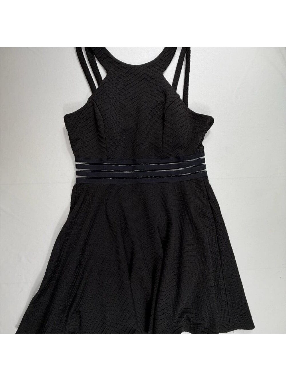 Jodi Kristopher black textured chevron illusion-waist fit and flare dress size 1